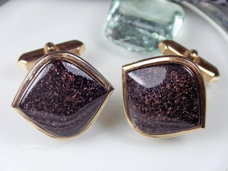 Vintage cufflinks glass brown gold river, 60s, 70s, men's jewelry, bracelets, junk things image 3