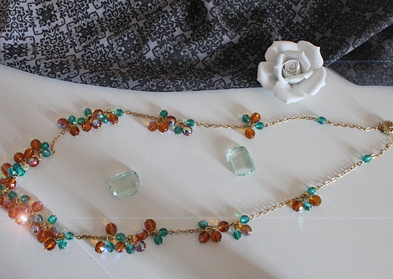 Vintage glass bead necklace long orange and turquoise blue iridescent chain necklace 50s 60s, junk thing image 3