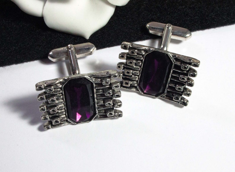 Vintage cufflinks purple glitter 70s, men's jewelry, statement, arm jewelry, retro, junk things image 6