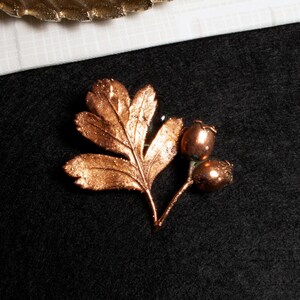 Könnte beinhalten: Kupferfarbene Brosche mit Blatt- und Beerenmotiv. Die Brosche zeigt ein detailliertes Blatt mit sichtbaren Adern und zwei runde Beeren. Das Metall hat eine strukturierte Oberfläche, vor dunklem Hintergrund.