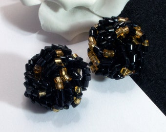 Vintage ear clips black gold colored 50s 60s old ear clips rockabilly small glass beads, junk thingy there