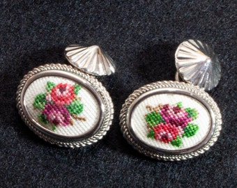 Vintage Cufflinks Petit Point Roses Embroidery Ladies Cufflinks Bracelets Traditional Jewellery, Junk Things