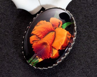 Broche vintage fleur rouge, années 50, années 60, peinture sur verre inversée, cabochon en verre, couleur argent, broche fleur, truc indésirable