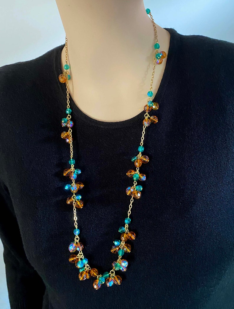 Vintage glass bead necklace long orange and turquoise blue iridescent chain necklace 50s 60s, junk thing image 6