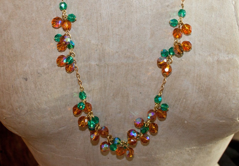Vintage glass bead necklace long orange and turquoise blue iridescent chain necklace 50s 60s, junk thing image 7
