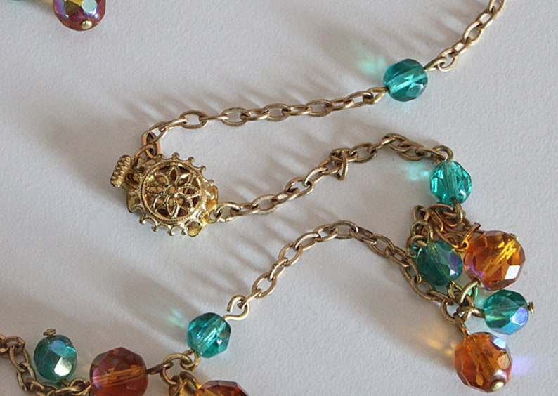 Vintage glass bead necklace long orange and turquoise blue iridescent chain necklace 50s 60s, junk thing image 4