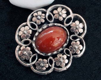 Vintage flower brooch orange silver carnelian traditional costume brooch costume jewelry 50s 60s, junk thing