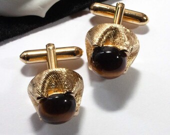 Vintage cufflinks brown tiger eye, 60s, 70s, semi-precious stone, retro, jewelry for men, junk things