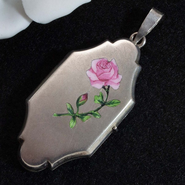 Jugendstil Anhänger Medaillon Emaille rosa Rose Alpacca um 1910 alter Vintage Kettenanhänger, Trödel Dings da