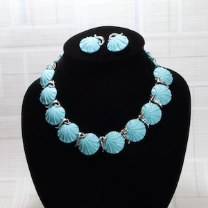 Lisner Vintage Schmuckset Muschel Motiv türkisblau 50er Jahre Kette und Ohrclips USA Modeschmuck signiert, Trödel Dings da, ART. 40