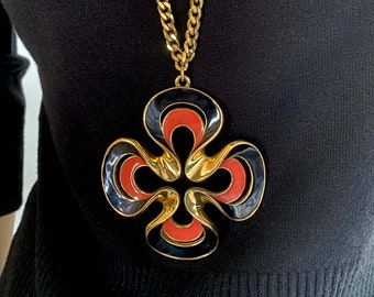 D Orlan Statement vintage necklace 70s, Space Age, flower pendant, enamel, orange, brown, enamel pendant, junk thing there