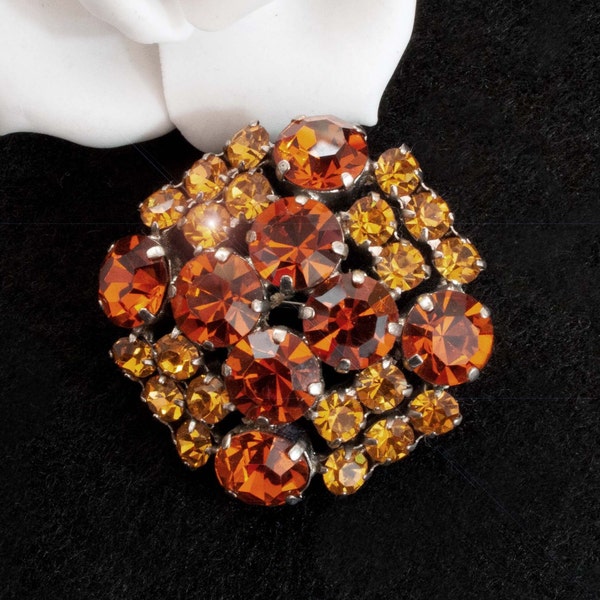 Vintage Brosche Strass orange und gelb, alte Strass Brosche, Glitzer Brosche, 50er, 60er, Jahre, Trödel Dings da