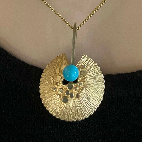 Mid Century Vintage Kette mit Anhänger 60er 70er Jahre Schmuck goldfarben türkisfarben, Trödel Dings da