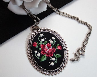 Vintage necklace rose pendant petit point embroidery, rose, lily of the valley, traditional necklace, traditional jewelry, pendant, chain, junk things there