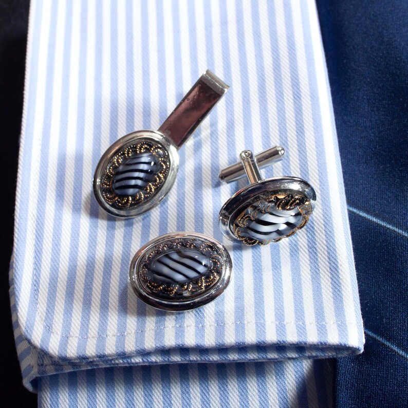 Set Vintage En Argent Sterling – Boutons De Manchette + Barre De Cravate Motif Bambou