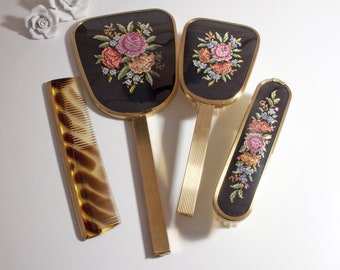 Old vintage hairdressing set Petit Point 50s, 60s, hand mirror, hairbrush, clothes brush, comb, set, vintage set, junk things