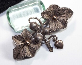 Antique brooch lily of the valley, violets and heart, Art Nouveau, around 1900, traditional costume brooch, flower brooch, filigree brooch, junk thing