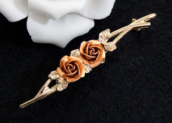 Vintage rose brooch orange roses, 50s, 60s, brida… - image 2