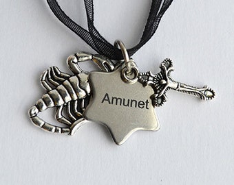 Vanessa Ives - Scorpion + Cross + Amunet Steel Tag Charm Pendant Necklace - Penny Dreadful inspired