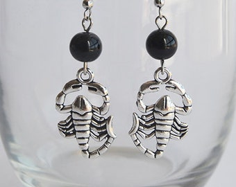 Scorpions Earrings with Black Glass Beads - Stainless Steel Hooks - Gothic Jewelry - Penny Dreadful inspired