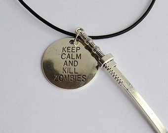 Michonne "Keep calm and kill zombies" Quote Tag + Katana Sword Charm Pendant Necklace or Keychain