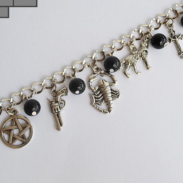 Penny Dreadful Bettelarmband mit schwarzen Glasperlen - Skorpion Werwolf Hexe Dracula - Gothic Schmuck