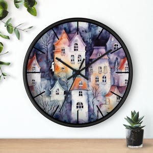 Haunted Village Wall Clock, Spooky Autumn Fall Halloween Wall Art Decor, Haunted House Theme, 10 Inch Battery Operated Wood Wall Clock