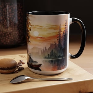 Watercolor Lake House Mug Rustic Cabin Coffee Cup Cozy Lakeside Nature Art Decor Outdoorsy Fall Autumn Woodland Retreat Housewarming Gift