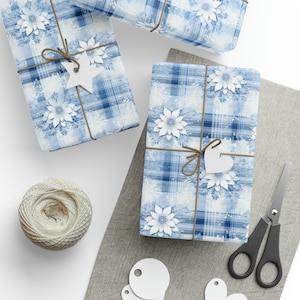 Blue Plaid Floral Wrapping Paper, Christmas Wrapping Paper, Christmas Gift Wrap, Decorative Paper, Holiday Gift Wrap, Wrapping Paper Rolls