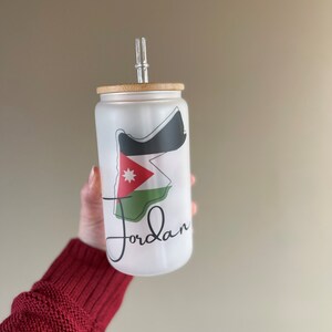 Mapa de la bandera de Jordania 16oz Vaso de vidrio con paja, Vaso de vidrio, taza de café de vidrio con paja