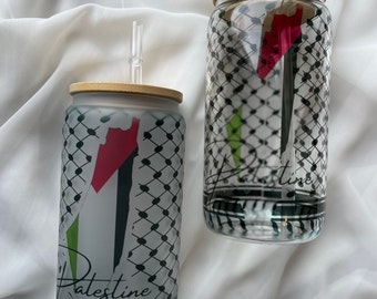 Palestine map kuffiya16oz Glass tumbler with straw, Glass tumbler, glass coffee cup with straw