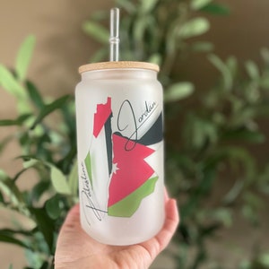 Palestine and Jordan Glass tumbler with straw, Glass tumbler, glass coffee cup with straw