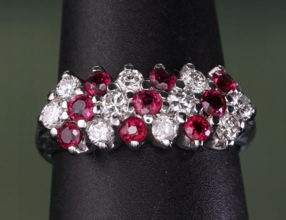 1.25 Ct Diamond Ruby Vintage Signed Ring 14K Whit… - image 1