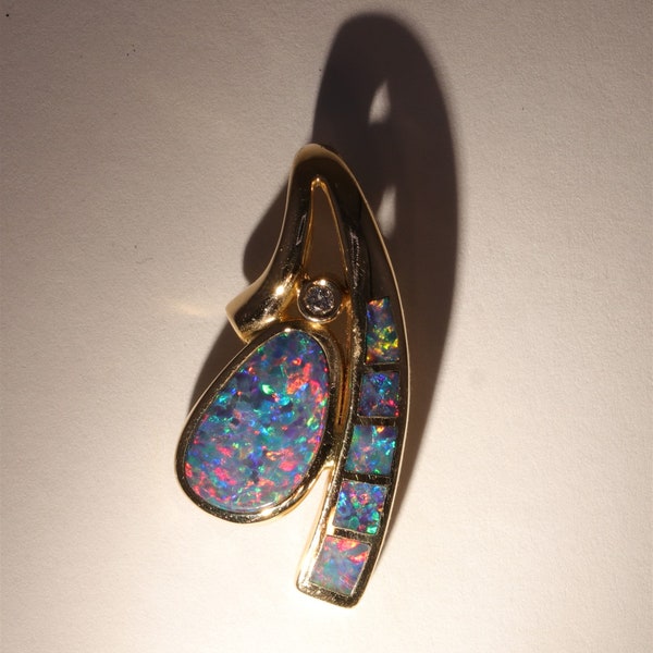 Estate Black Opal 14K Diamond Pendant Necklace