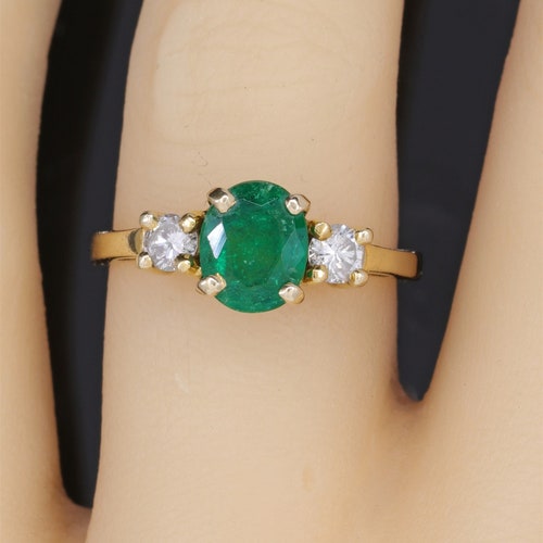 Natural Emerald Diamond Art Deco Ring Vintage 3 Stone White | Etsy