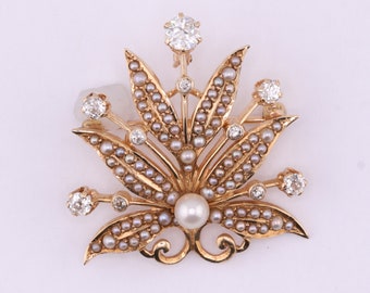 Antique Victorian 14K Gold Brooch with Diamonds and Seed Pearls