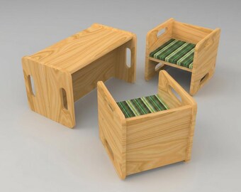 Conjunto de sillas infantiles pintadas, fabricadas en madera maciza: versátiles y hechas a mano.