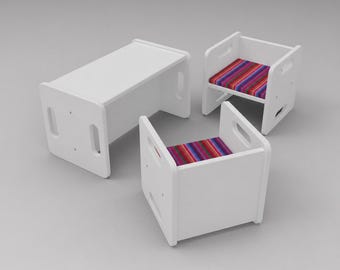 Conjunto de sillas infantiles blancas – regulables en altura en 2 direcciones | Mesa infantil y 2 sillas de MDF