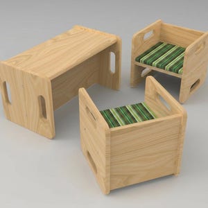Houten kinderzitset – organische kindertafel & 2 omkeerbare krukjes – Montessori-meubels voor kinderkamers