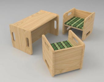 Conjunto de asientos de madera para niños: mesa infantil orgánica y 2 taburetes reversibles. Muebles Montessori para habitaciones infantiles.