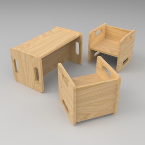 Kindersitzgruppe aus Holz – BIO Kindertisch & 2 Wendehocker – Montessori Möbel für Kinderzimmer