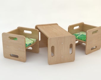 Conjunto de mobiliario infantil, mesa infantil con sillas, taburete reversible BIO (2+1)