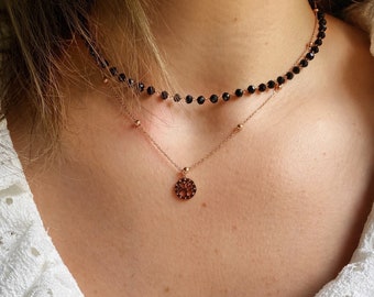 Layering necklace, stainless steel rose gold, tree of life pendant, Roman numerals, black glass faceted beads, gift for girlfriend, fine, multiple chain