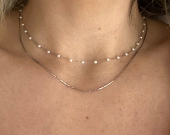 Collier superposé, deux faisceaux, bijoux en perles argent, cadeau d'anniversaire, cadeau meilleur ami, chaîne multiple, cadeau demoiselle d'honneur