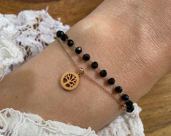 Layering bracelet, stainless steel rose gold, tree of life pendant, Roman numerals, black glass faceted beads, gift girlfriend, gift at the beginning of university