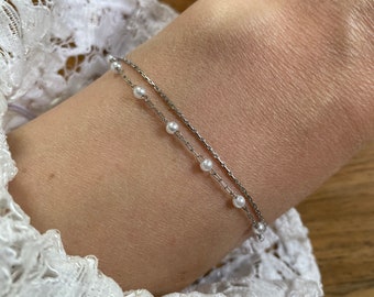 Stainless steel bracelet, two-beam, silver pearl jewelry, birthday gift, best friend gift, fine jewelry, maid of honor gift