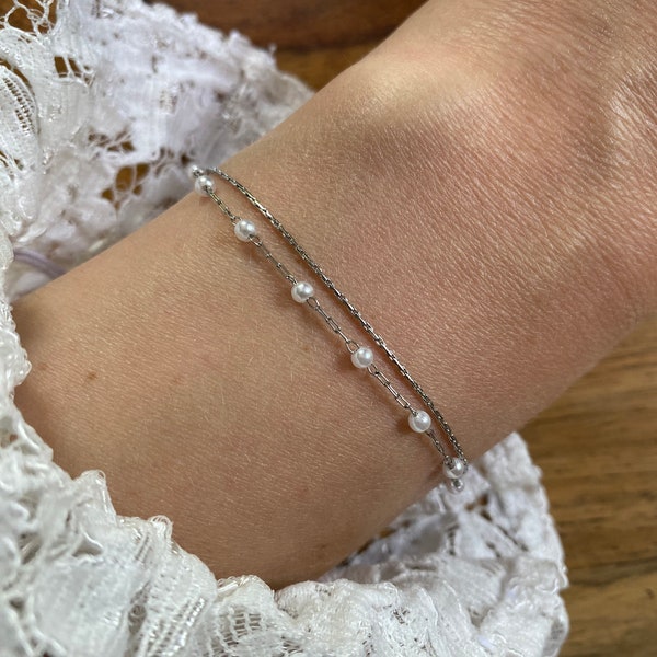 Armband Edelstahl.zweistrahlig,Perlen Schmuck silber,Geburtstagsgeschenk,Geschenk beste Freundin,feiner Schmuck,Geschenk Trauzeugin