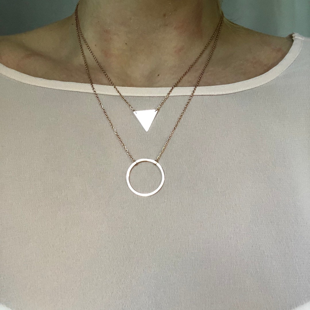Multi-row Chain, Necklace.rose Gold.circle, Triangle, Birthday Gift ...