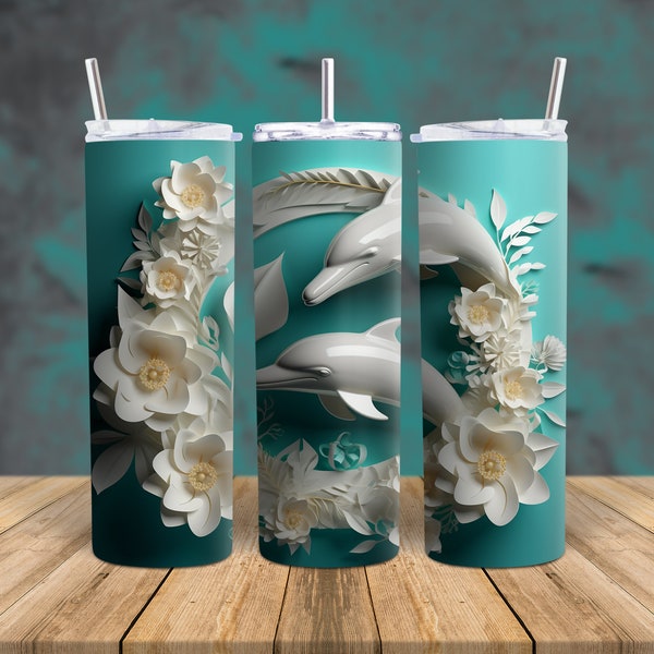 3D Floral Dolphin Wrap Sublimation Designs - Straight Skinny Tumbler Wrap PNG, Sublimation Design PNG - 3D Wrap