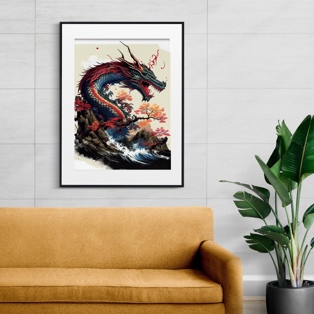 Fiery Dragon Watercolor Art Print, Chinese Dragon Wall Decor, Mythical